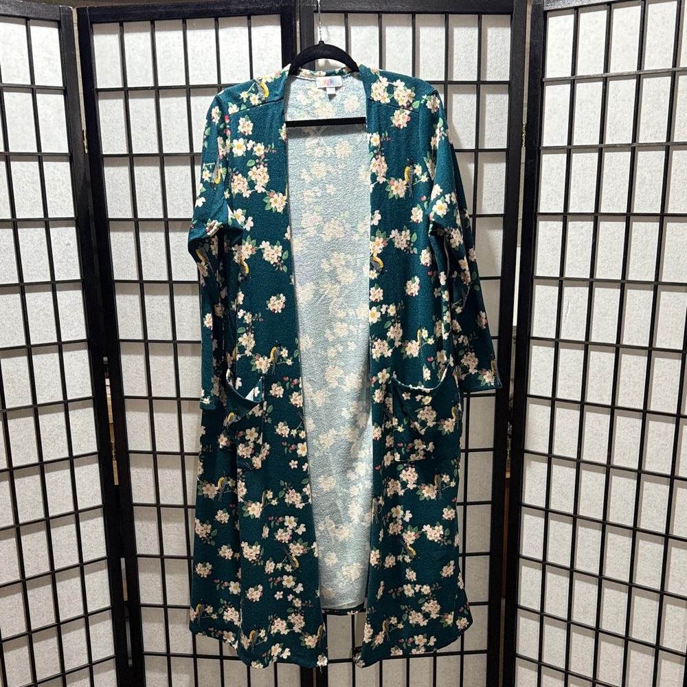 Lularoe Sarah Cardigan, Size X Large 
Teal Floral with Birds